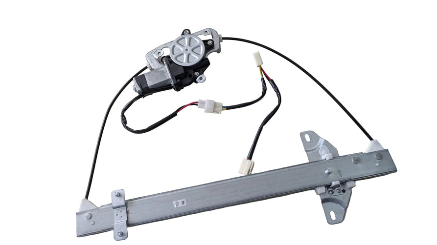 Power window regulator assembly with a silver metal bar, black cables, and a motorized window crank mechanism